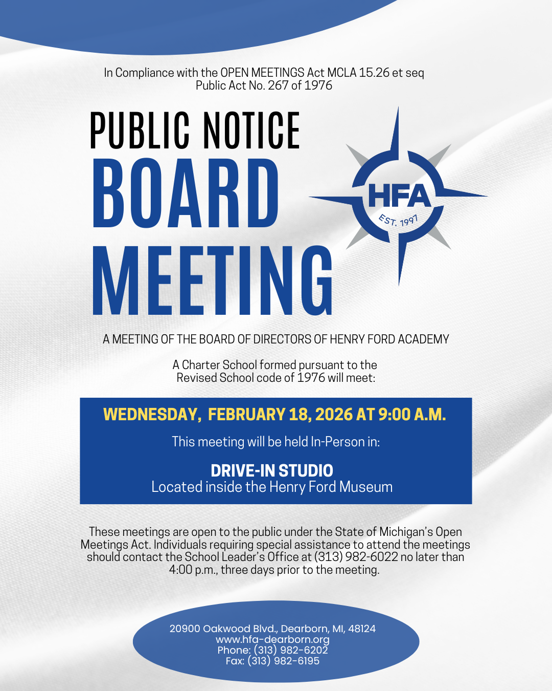 Public Notice - HFA Board Meeting, 2/18/26 at 9am - Drive In Studio.