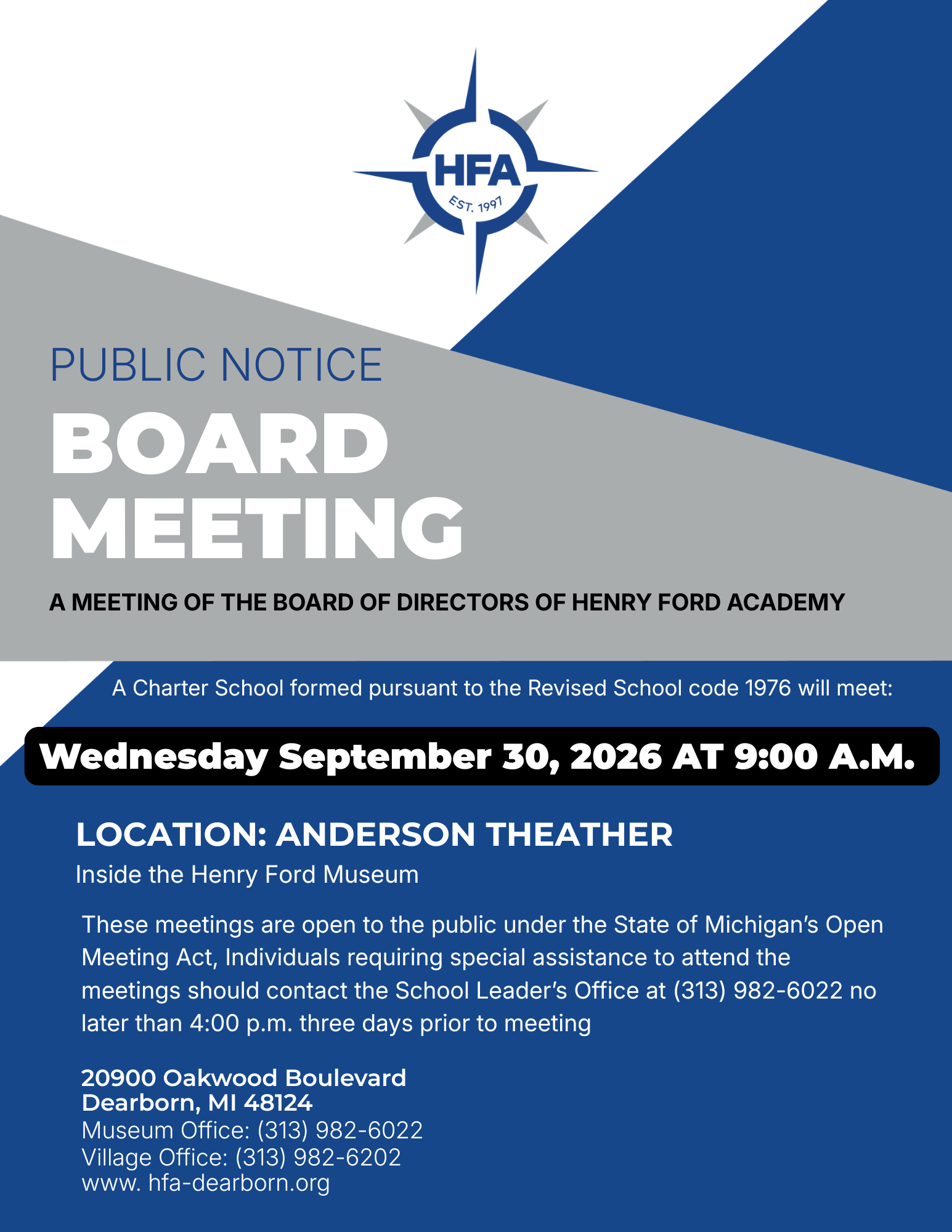 HFA Board Meeting 9/30/26 at 9:00am - Anderson Theater
